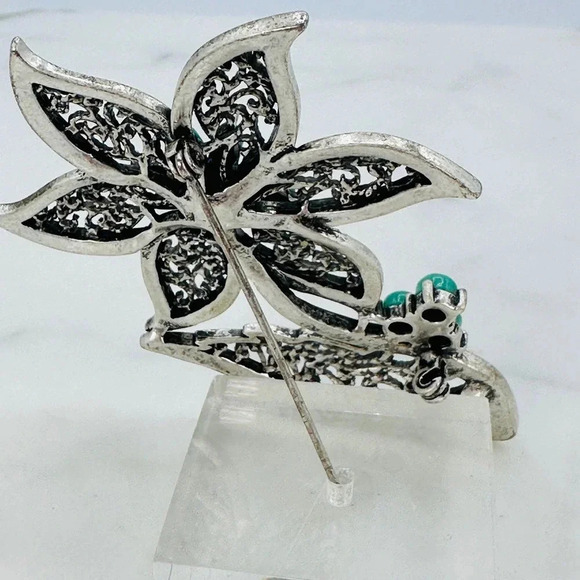 Big 3.25” Flower Brooch Pin Filigree Faux Turquoise Rhinestone Marcasite - Picture 5 of 8